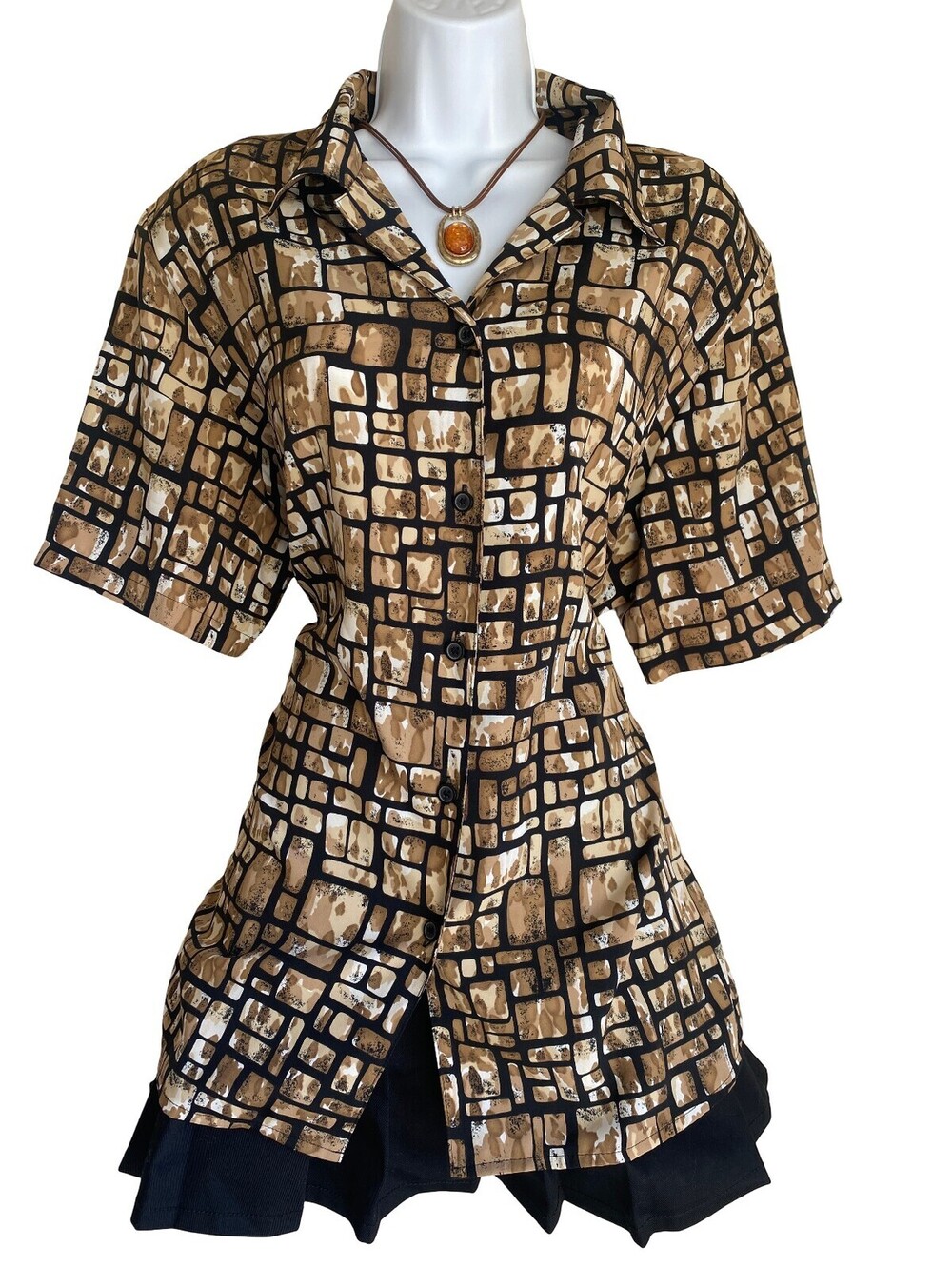 Vintage Worthington Woman Plus XL Brown Black Geometric Button Up Blouse Tunic